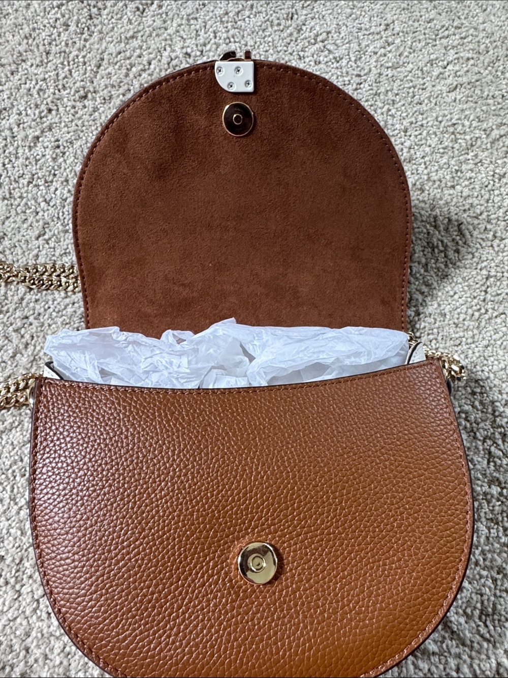 Cole Haan Navy and Brown Pebbled Leather Crossbody with Gold Chain - Picture 8 of 14